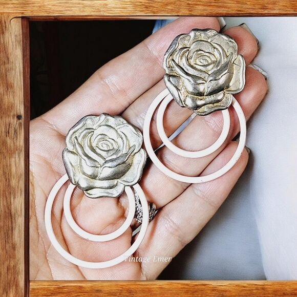 Vtg Pewter 3D Metal Rose Earrings Baby Pink Double Loops Romantic Roses Flower - Picture 6 of 11